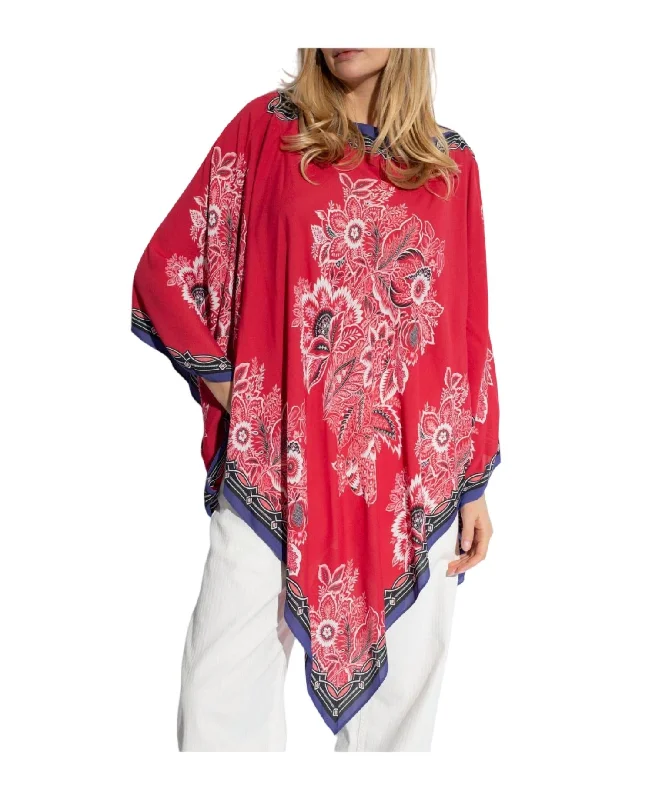 Floral Printed Asymmetric Poncho In Red Multi