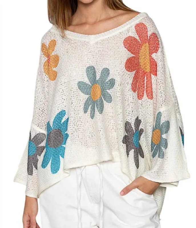 Flower V Neck Sweater In Ivory