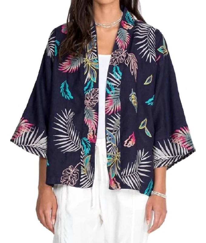 Kaluhi Linen Cropped Kimono In Deep Navy