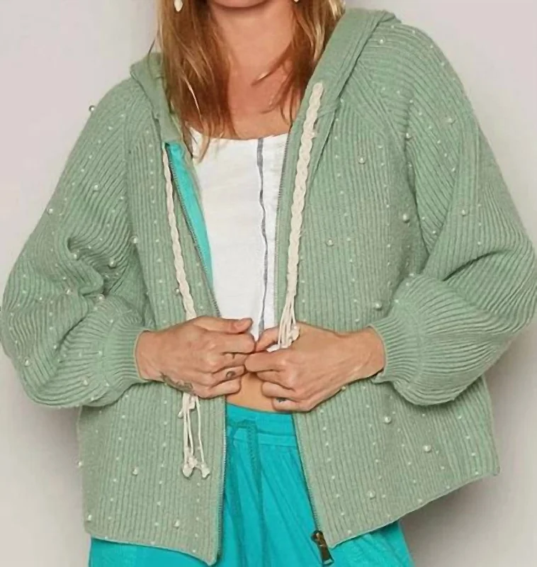 Lennox Pearl Zip Up Sweater In Baby Herb