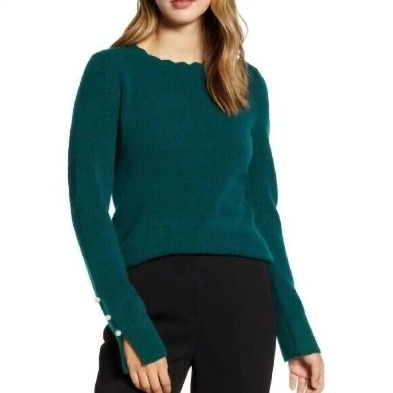 Scallop Crew Neck Sleeve Pullover Sweater In Green