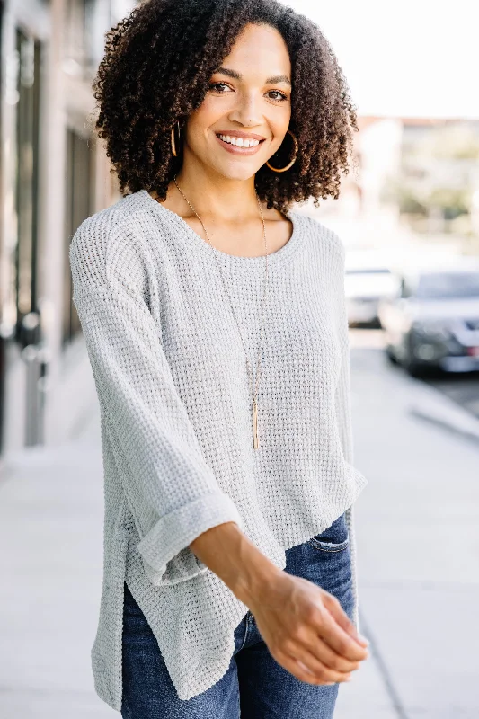 See You Soon Silver Gray Waffle Knit Sweater