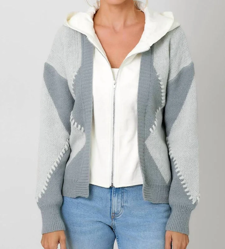 Twofer Hoodie Sweater Cardigan In Grey Mix